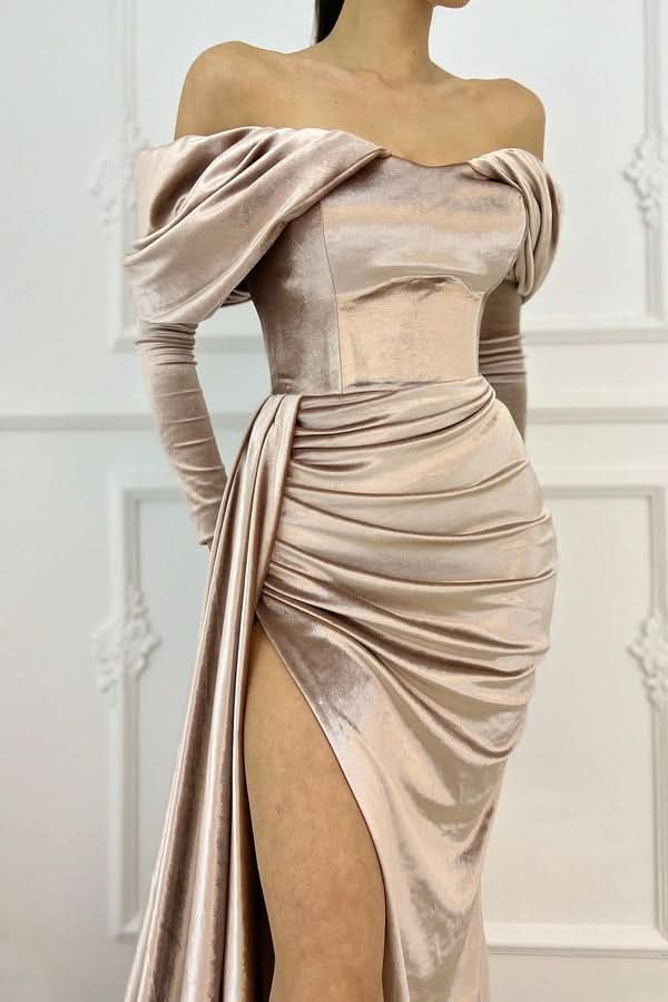 Off-the-Shoulder Long Sleeve Mermaid Prom Dress with Slit BM bride