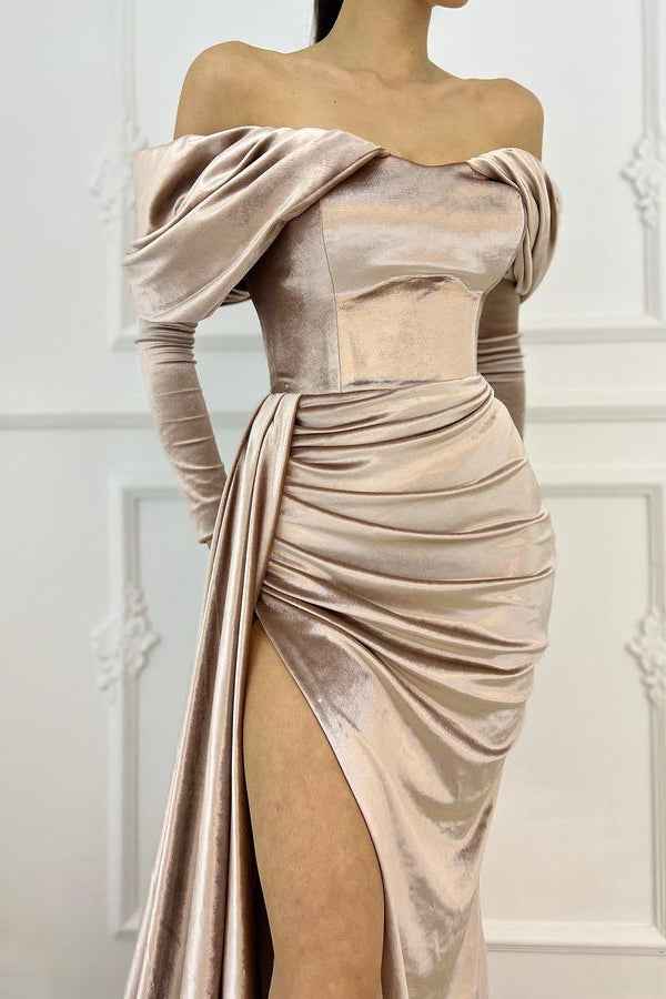 Off the Shoulder Mermaid Prom Dress Long Sleeves With Slit