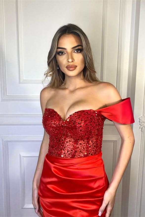 Glamorous Red Jewel Mermaid Prom Dress with Pleats BM bride