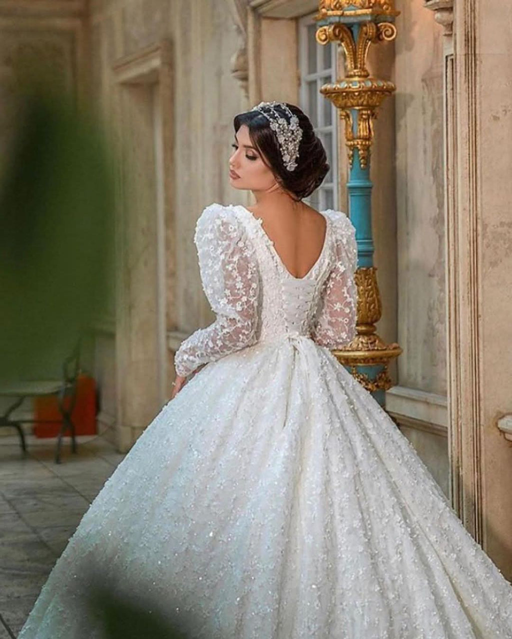 A-Line Deep V-Neck Long Sleeve Train Wedding Dress with Lace Appliques BM bride
