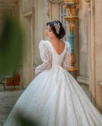 A-Line Deep V-Neck Long Sleeve Train Wedding Dress with Lace Appliques BM bride