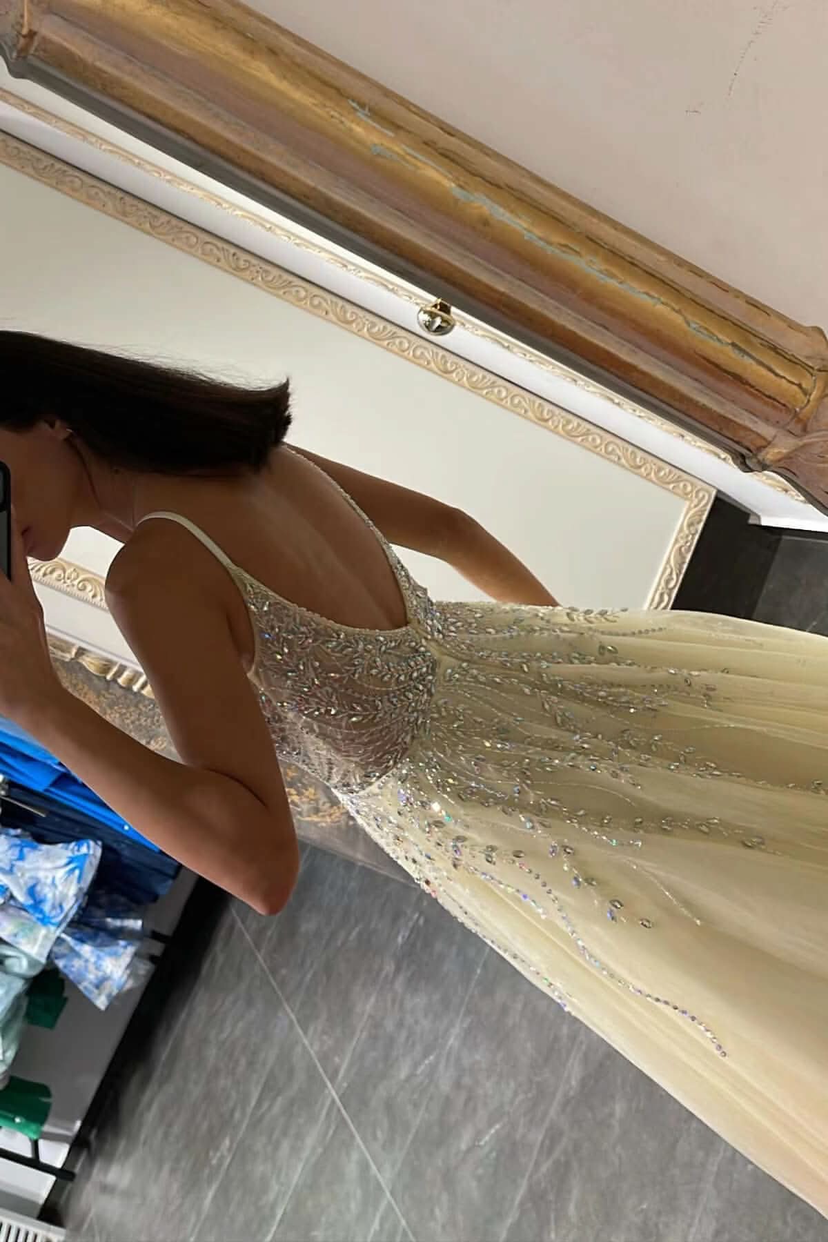 Daffodil Spaghetti-Strap Tulle A-Line Prom Dress with Beadings BM bride