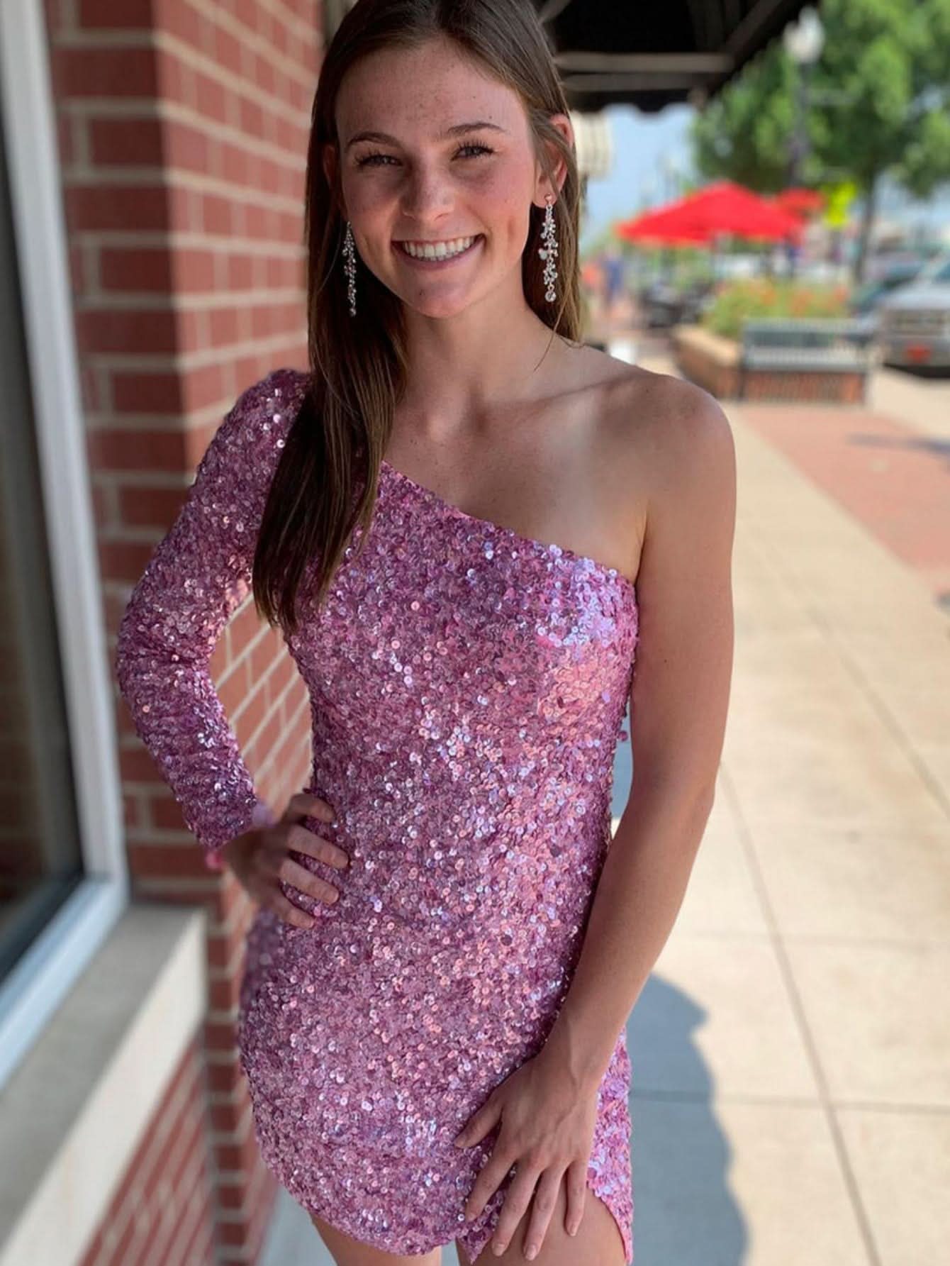 Stunning Bodycon One-Shoulder Sequins Homecoming Dress BM bride