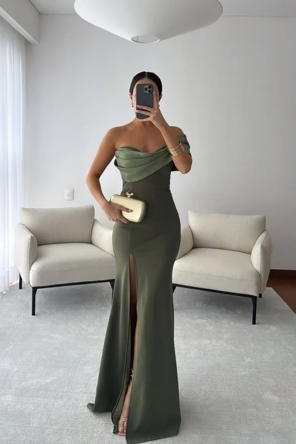 One Shoulder Sleeveless Long Mermaid Prom Dress With Split Pleated BMBRIDE