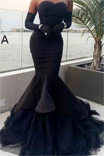 Black Strapless Tulle Long Mermaid Prom Dress Waist Skimming With Gloves