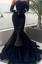 Black Strapless Tulle Long Mermaid Prom Dress Waist Skimming With Gloves