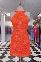 Lynn |A-line Sheath Backless Hot Pink Sequins Homecoming Dress BM bride