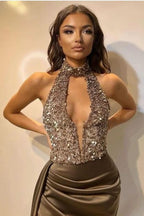 Grey Cut-Out Sequined Prom Dress with Split BM bride