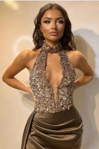 V Neck Mermaid Open Back Sequins Prom Dress Sleeveless With High Split Online