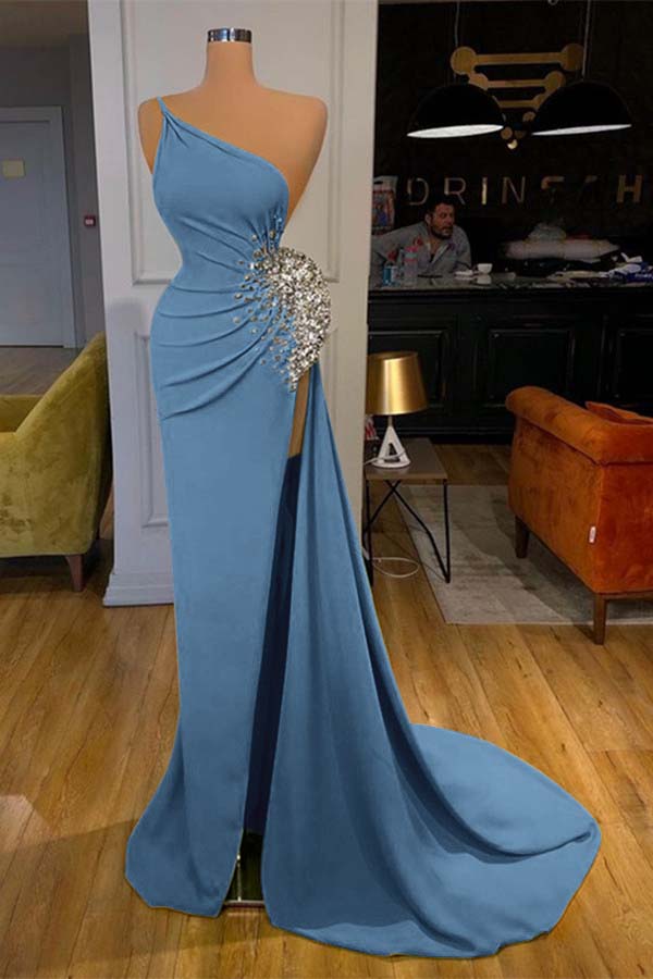 One Shoulder Sleeveless Mermaid Long Prom Dress Green Beadings With Split