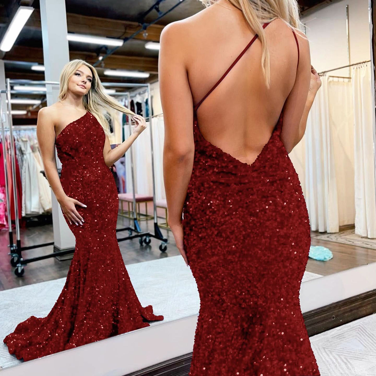 Royal Blue One-Shoulder Sequined Mermaid Prom Dress BM bride