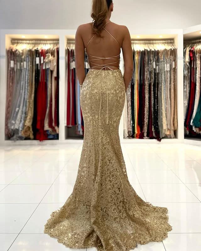 Gold Appliques Mermaid Long Evening Dress BM bride