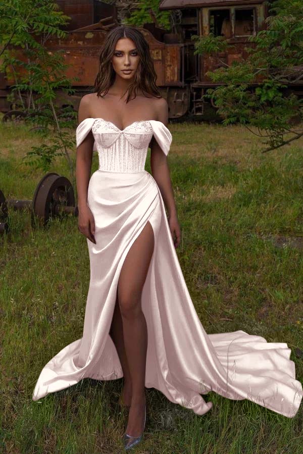 Mermaid Off the Shoulder Strapless Beadings Sweetheart Prom Dress Split BMBRIDE