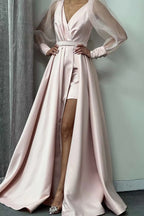 Long Puff Sleeve A-Line Evening Dress with Slit BM bride