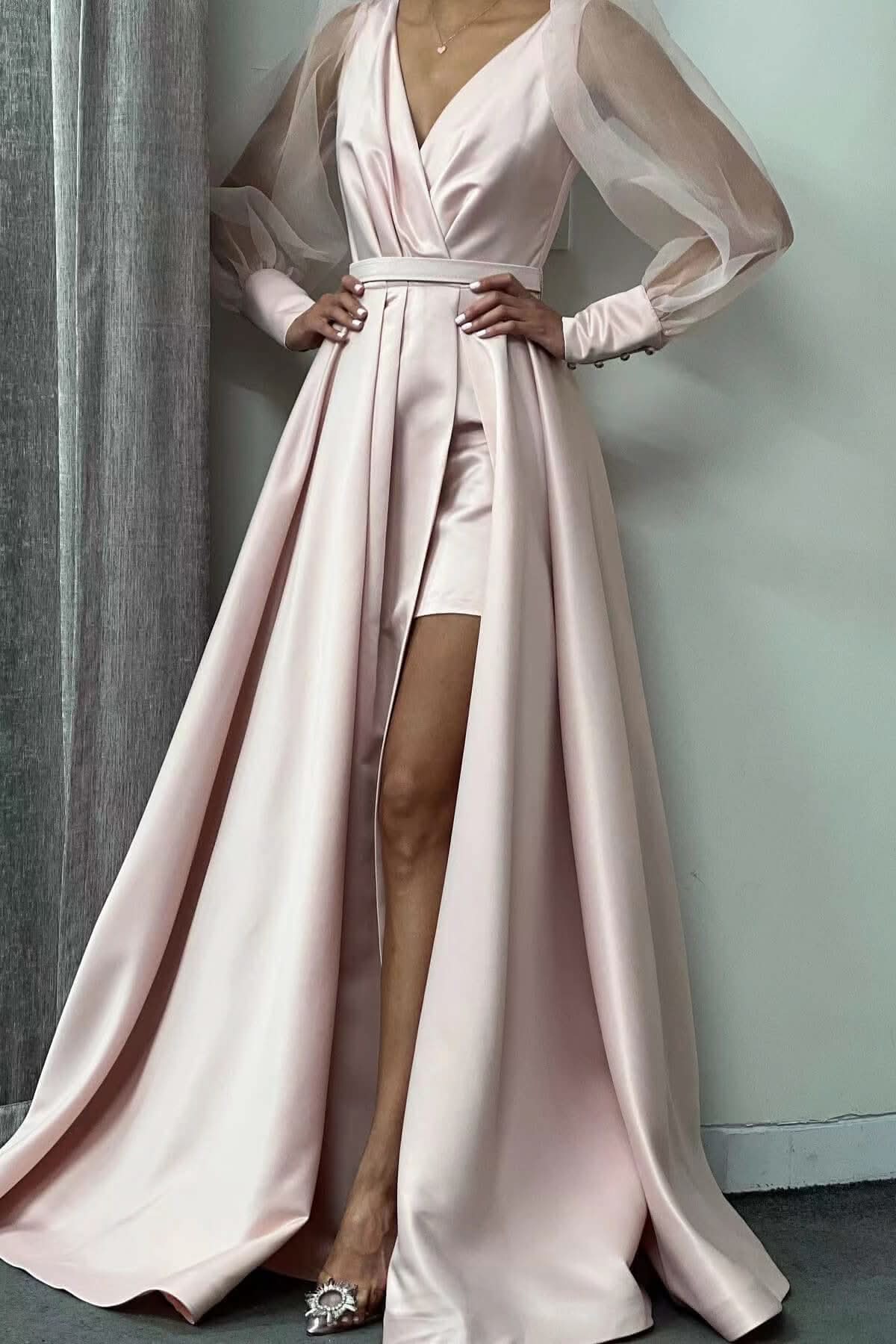 Long Puff Sleeve A-Line Evening Dress with Slit BM bride