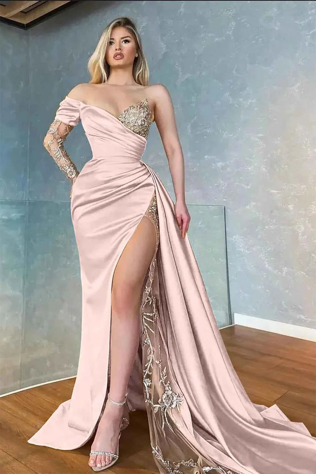 Elegant Yellow Stain One Shoulder Long Split Prom Dress With Beading