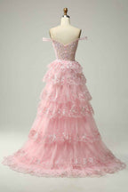 A Line Off the Shoulder Black Corset Prom Dress with Lace Ruffles