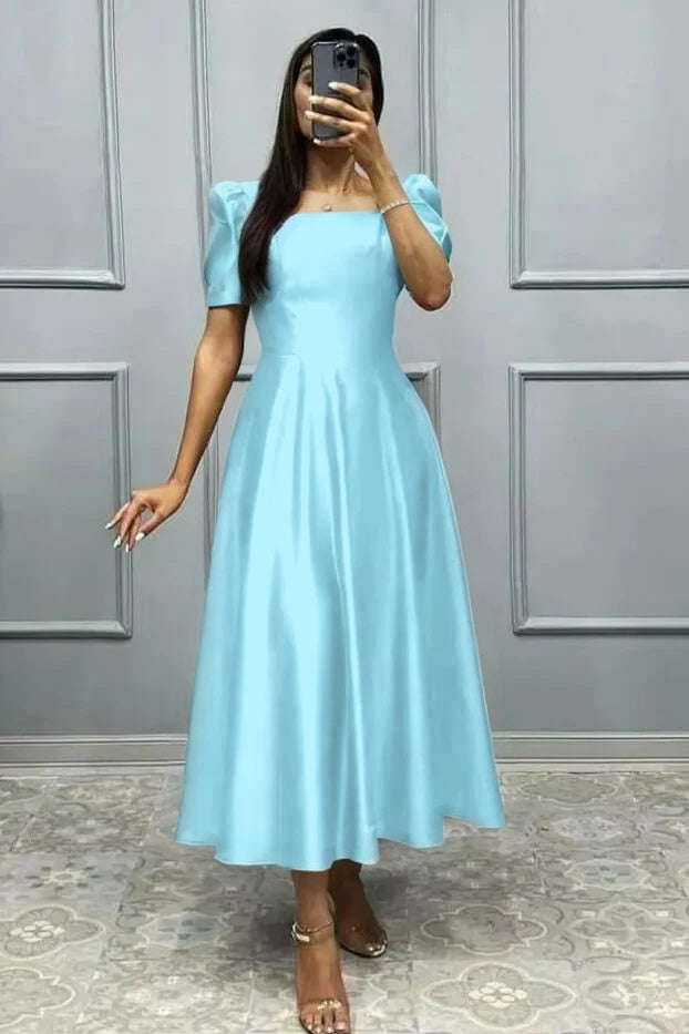 Elegant Square A Line High Waist Pleated Prom Dress With Short Sleeves BMBRIDE