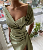Gorgeous Dusty Sage Portrait V-Neck Pleated Prom Dress with Ruffle BM bride