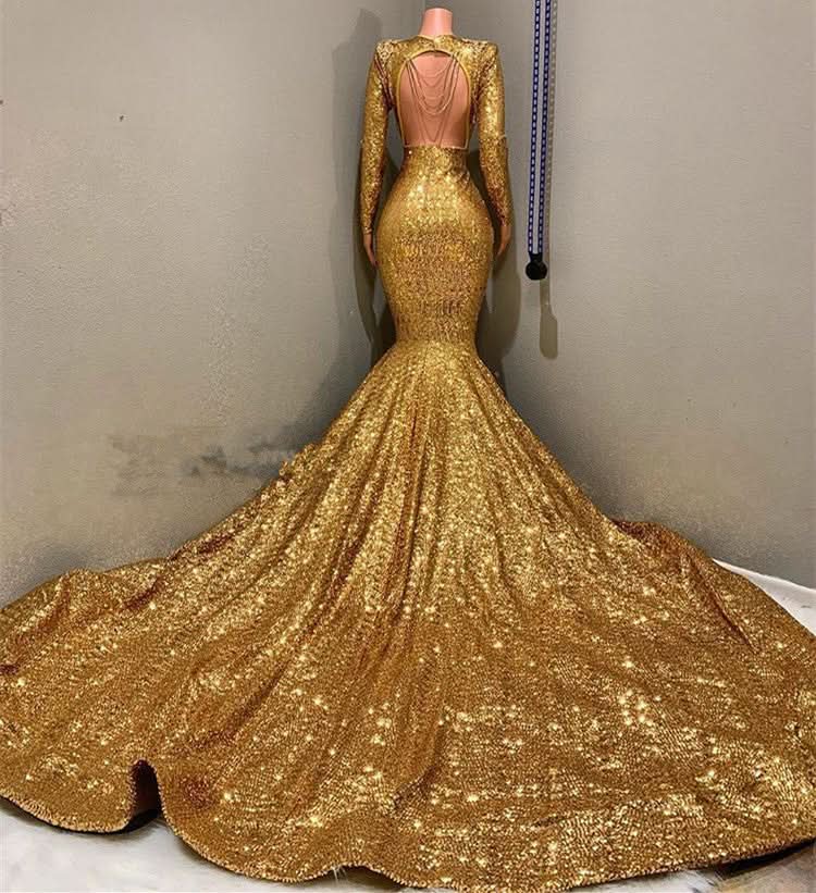 Gold Long Sleeves V-Neck Mermaid Prom Dress with Applique BM bride