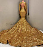 Long Sleeves V Neck Gold Backless Mermaid Long Prom Dress With Appliques