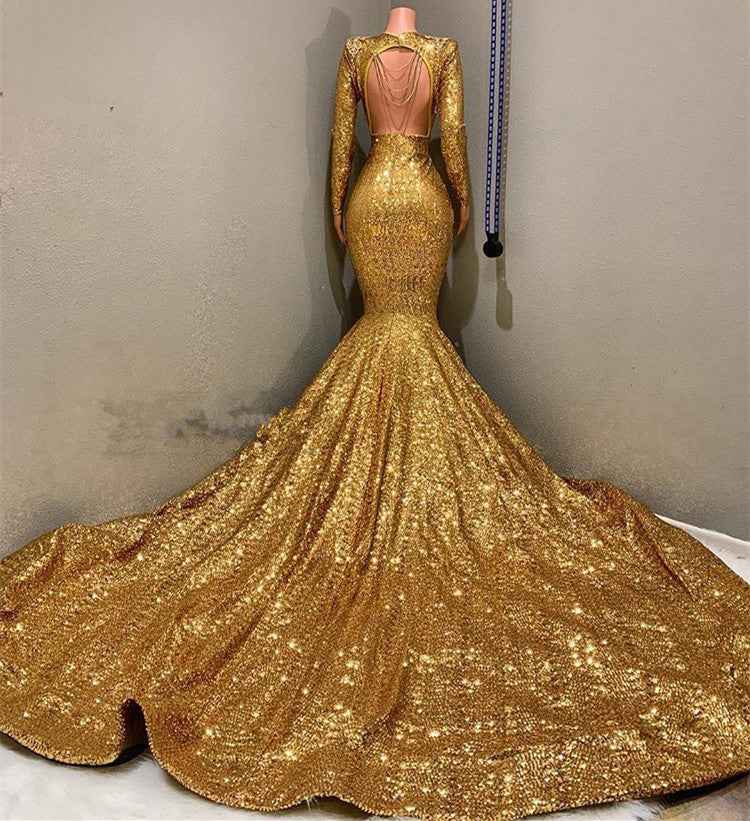 Long Sleeves V Neck Gold Backless Mermaid Long Prom Dress With Appliques
