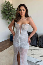 Heavy Sexy Beads Prom Dress V Neck Sleeveless With Front Split
