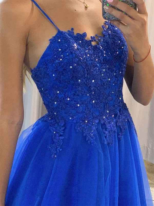 Blue A Line Spaghetti Straps Tulle Long Prom Dress with Appliques BMBRIDE
