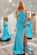 Beautiful Blue Beaded V-Neck Backless Mermaid Long Prom Dress with Slit BM bride
