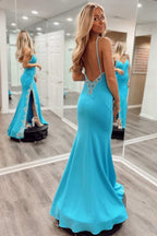 Beautiful Blue Beaded V-Neck Backless Mermaid Long Prom Dress with Slit BM bride