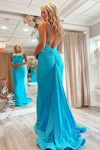 Beautiful Blue Beaded V-Neck Backless Mermaid Long Prom Dress with Slit BM bride