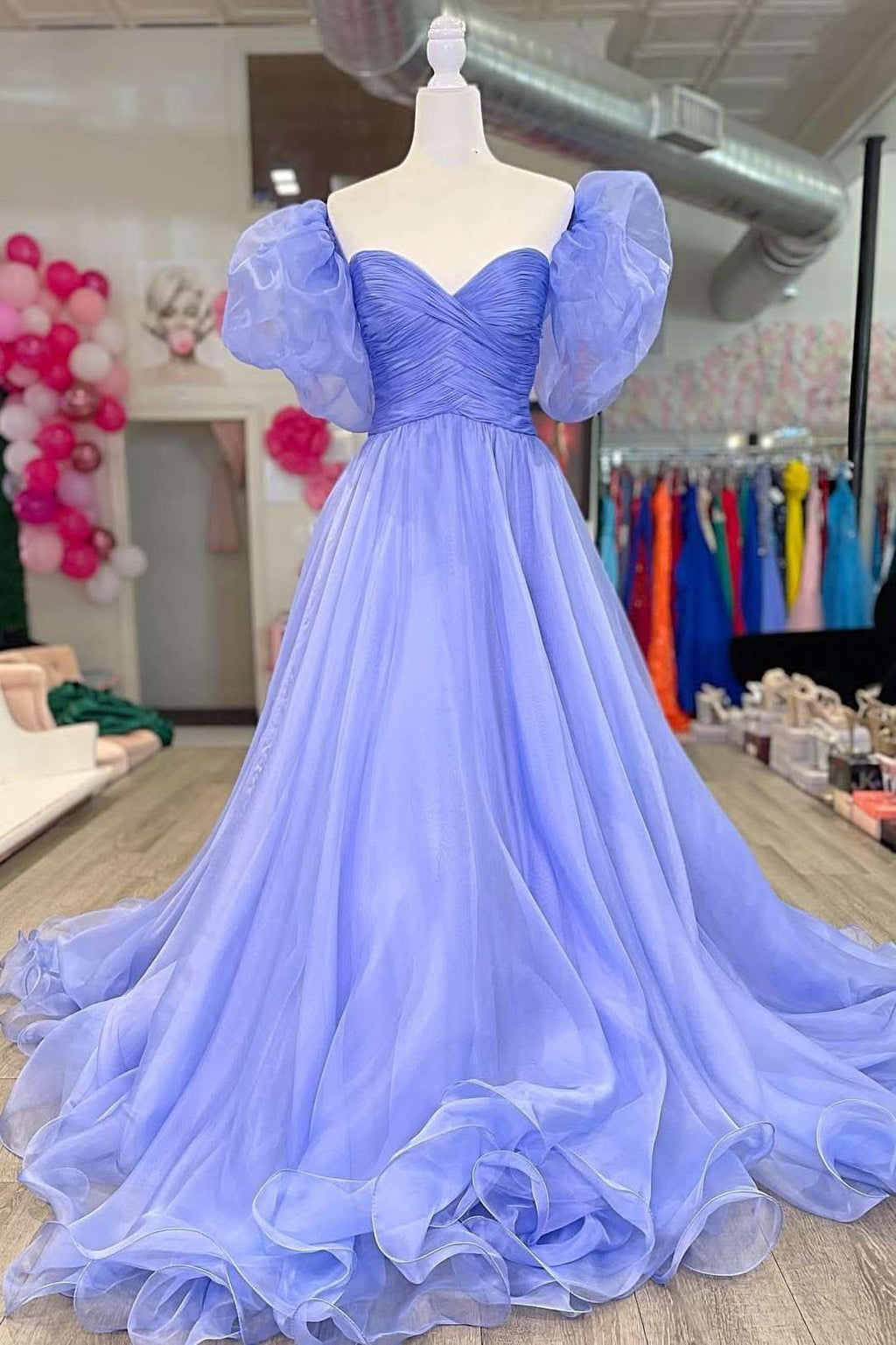 Soft Lavender Strapless A-Line Prom Dress with Puff Sleeves BM bride