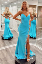 Beautiful Blue Beaded V-Neck Backless Mermaid Long Prom Dress with Slit BM bride