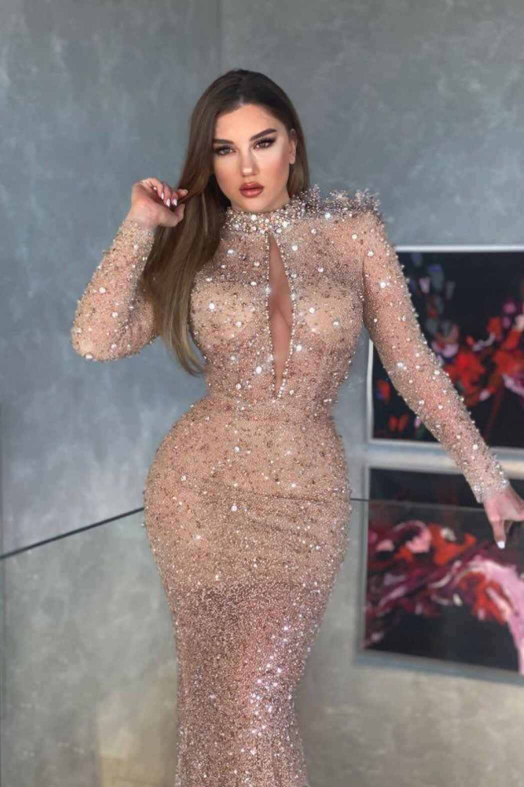 Chic High Neck Mermaid Long Sleeves Sequins Long Prom Dress With Pleated