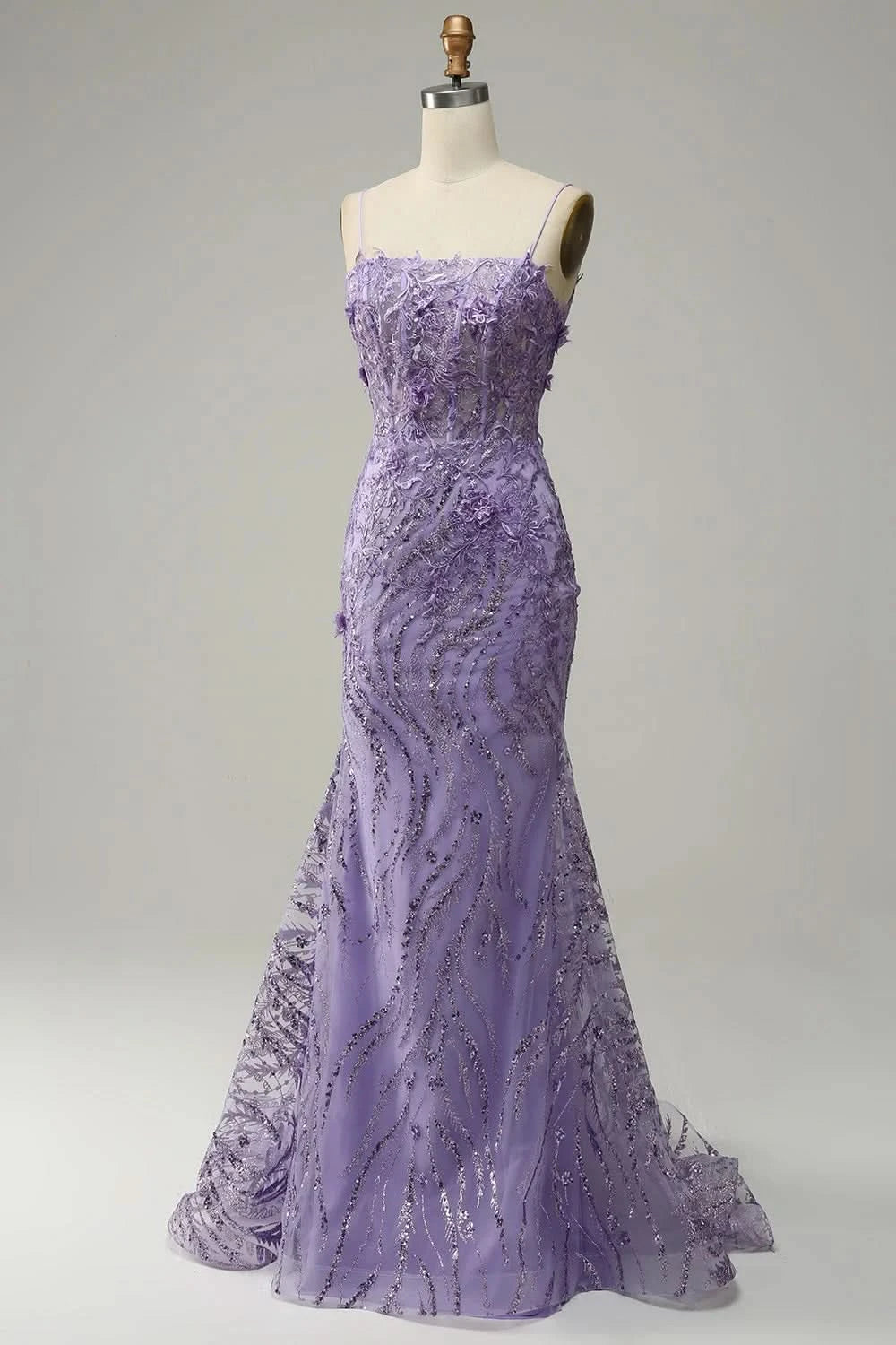 Glamorous Purple Applique Spaghetti Strap Mermaid Prom Dress BM bride