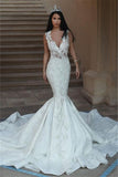 V-Neck Sleeveless Mermaid Wedding Dress with Lace Appliques BM bride