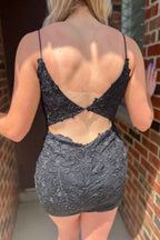 Red Open Back Spaghetti Straps Appliques Tight Homecoming Dress Bmbride