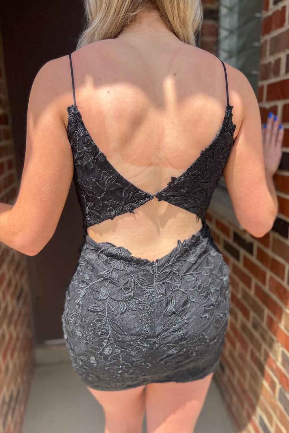 Red Open Back Spaghetti Straps Appliques Tight Homecoming Dress Bmbride
