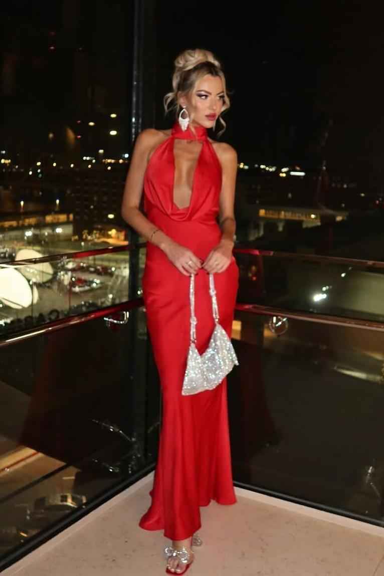 Red High Neck Sleeveless Mermaid Long Prom Dress With Ruffles
