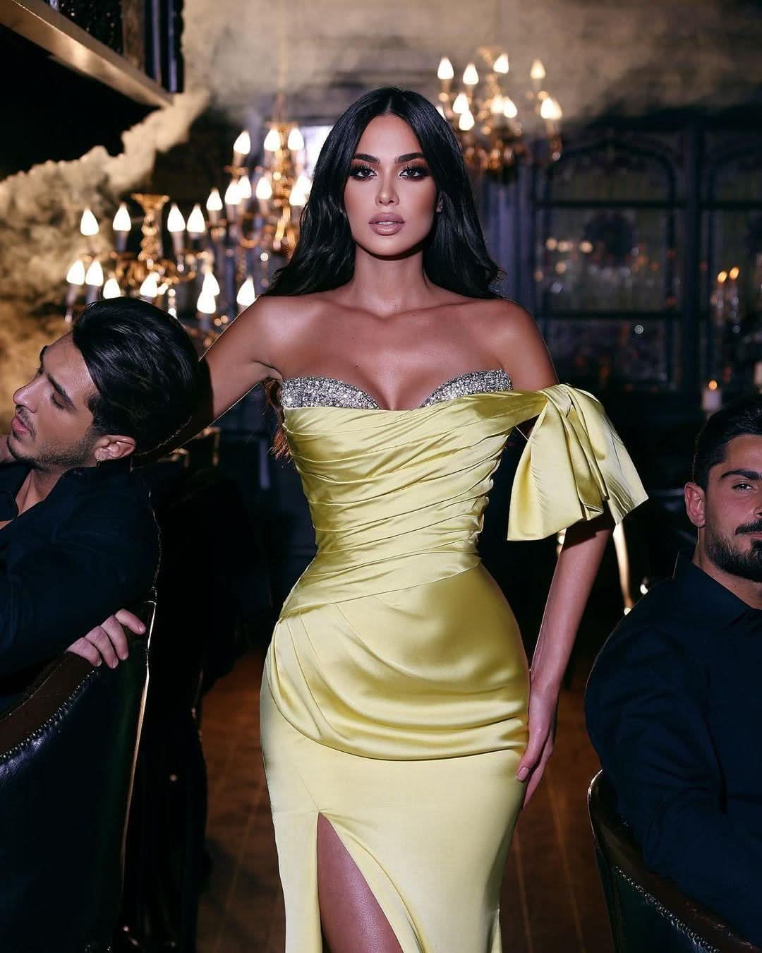 Yellow One Shoulder Halter Pleated High Split Prom Dress BM bride