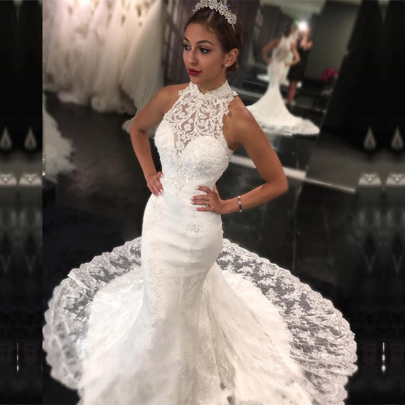 High Neck Sleeveless Long Lace Mermaid Wedding Dress with Appliques BM bride