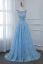 Sky Blue Scoop Sleeveless Prom Dress Long With Lace Appliques