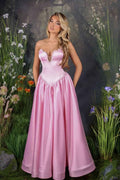 Pink Strapless Sleeveless A Line Long Prom Dress With Appliques