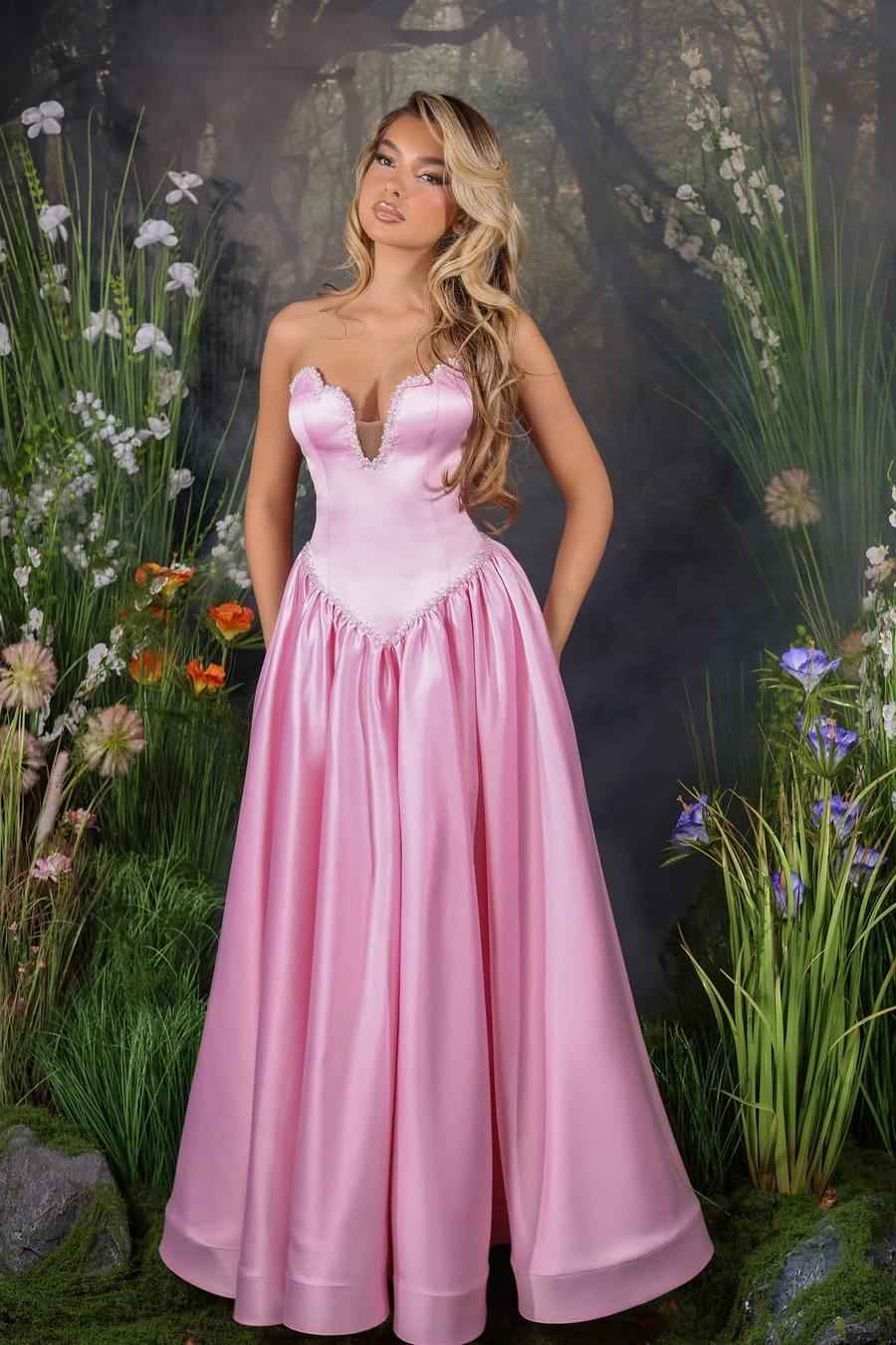 Pink Strapless Sleeveless A Line Long Prom Dress With Appliques