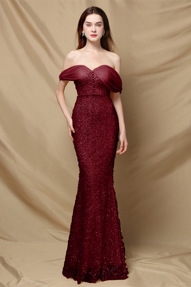 Elegant Off the Shoulder Mermaid Sequins Prom Dress With Sweetheart Buttons BMBRIDE