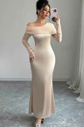 Off the Shoulder Long Sleeves Long Prom Dress With Ruffles Pleated