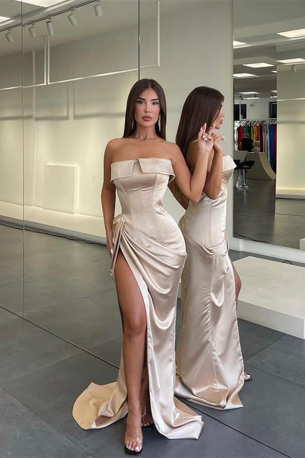 Elegant Champagne Strapless Mermaid Evening Dress with Pleated Split BM bride