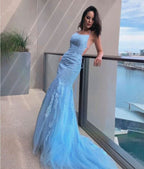 Sky Blue Halter Mermaid Prom Dress BM bride