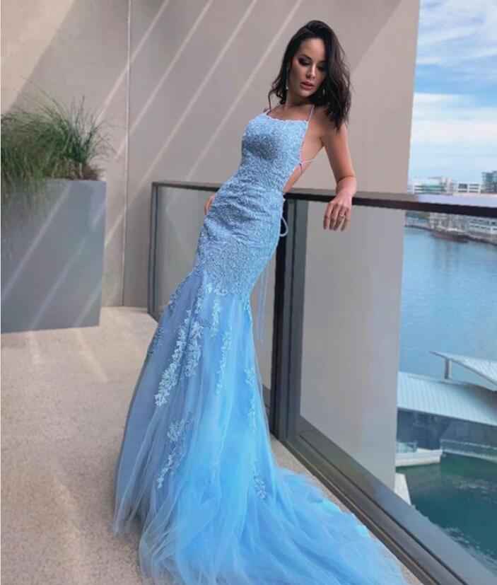 Classy Sky Blue Spaghetti Strap Halter Mermaid Prom Dress With Appliques