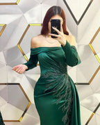Glamorous Off-the-Shoulder Dark Green Pleated Mermaid Prom Dress BM bride